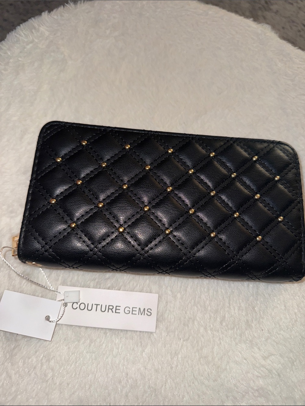 Couture Gems Quilted Black Zip-Around Wallet with Gold Studs